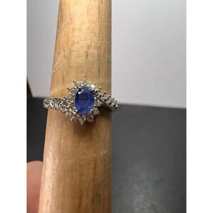 Blue sapphire and zircon ring in platinum over sterling silver size 7 *NEW*